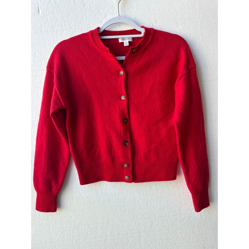 Nordstrom Red Button-Up Crewneck Cardigan Sweater